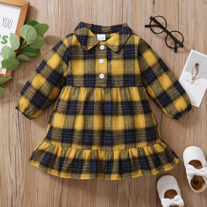 Toddler Kids Girls Yellow Plaid Long Sleeve Lovely Dress - PrettyKid