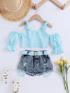 Hanging Strap Off-shoulder Bubble Sleeve Sweet Beauty Baby Two-piece Set