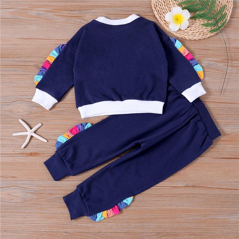 Toddler Kids Girls Solid Color Cartoon Rainbow Unicorn Embroidery Long Sleeve Set - PrettyKid