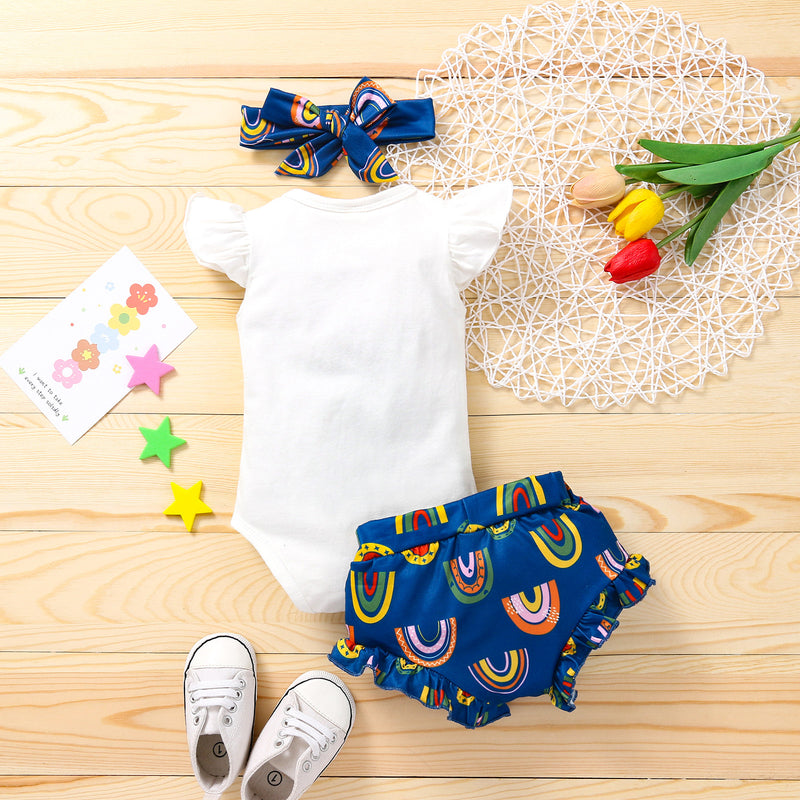 Baby Girls Solid Monogrammed Sleeveless Jumpsuit with Rainbow Print Triangle Shorts Set - PrettyKid