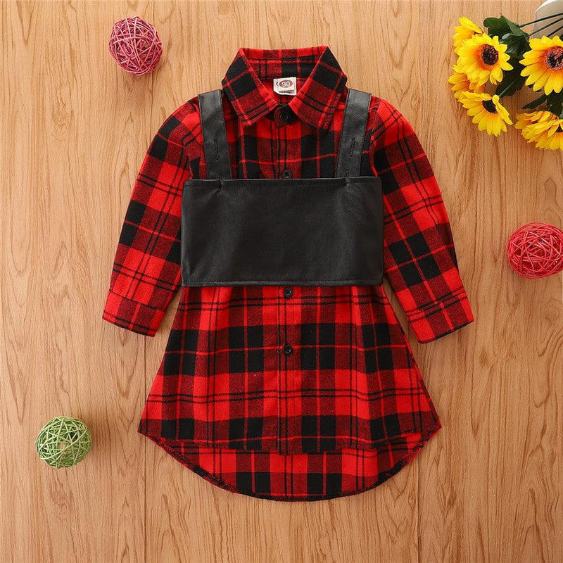 Children Girls' Plaid Long Sleeve Shirt Skirt + PU Leather Vest Two-piece Set - PrettyKid