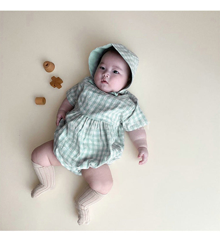 2022 Summer Children's Clothing Fresh Color Big Plaid Baby Jumpsuit Baby Farting Clothes Baby Crawling Clothes Hat - PrettyKid