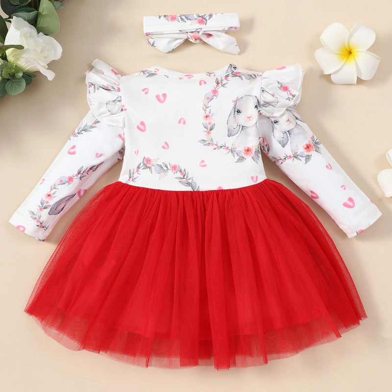 Toddler Girls Lovely Rabbit Print Bow Long Sleeve Dress - PrettyKid