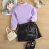 Toddler Kids Girls Solid Color High Collar Bottoming Knitted Sweater PU Leather Short Skirt Suit - PrettyKid