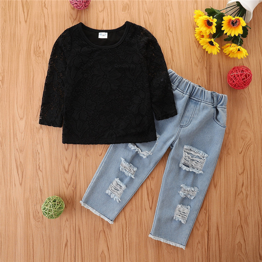 Girls Black Long Sleeved Lace Top Jeans Two Piece Set Children's Apparel Wholesale - PrettyKid