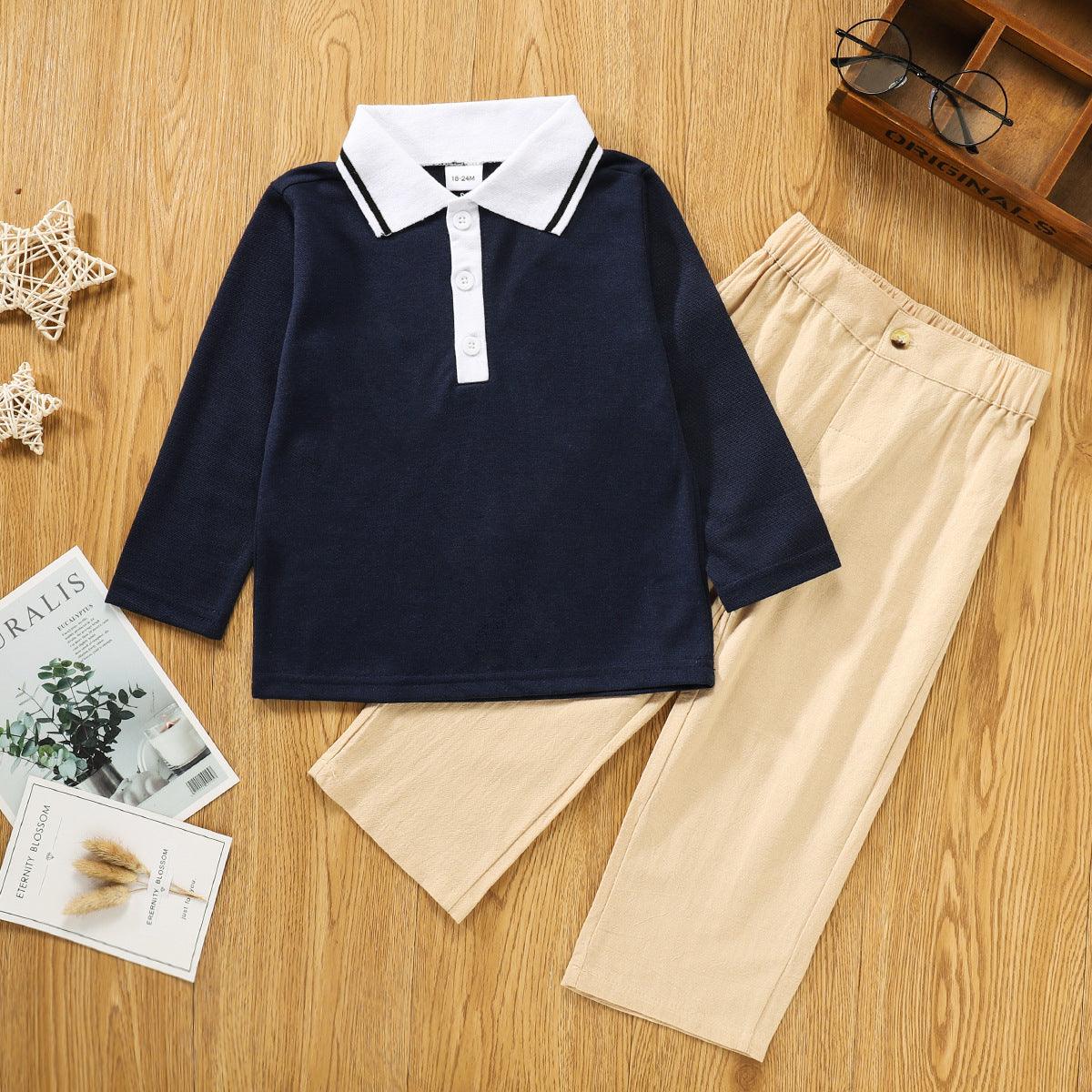 Toddler Kids Boys Solid Color Lapel Long Sleeve Shirt Casual Pants Set - PrettyKid