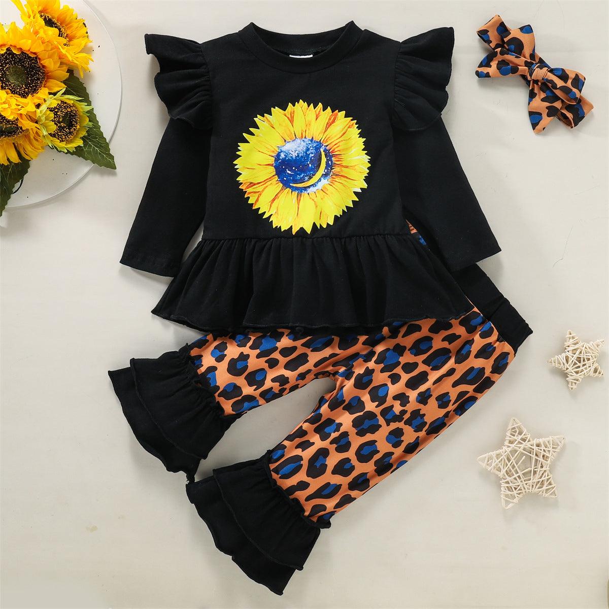 Toddler Girls' Sunflower Printed Long Sleeve Top Leopard Pants Set - PrettyKid