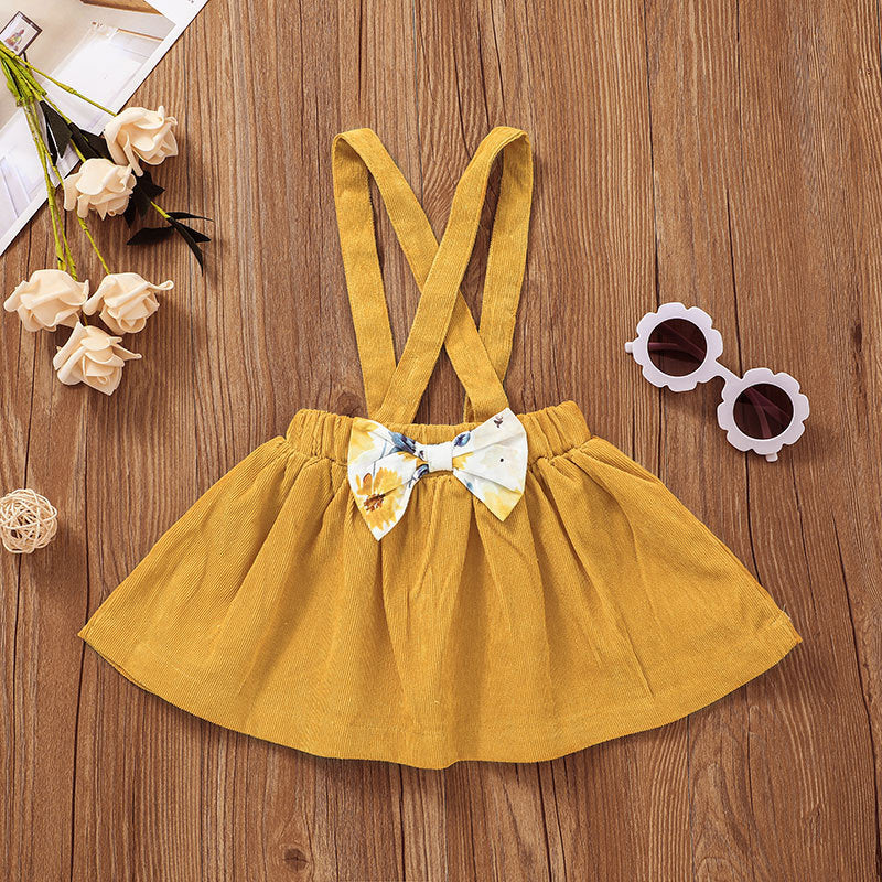 Baby Girls Flowers Printed Long Sleeve Jumpsuit Solid Color Suspender Skirt Set - PrettyKid