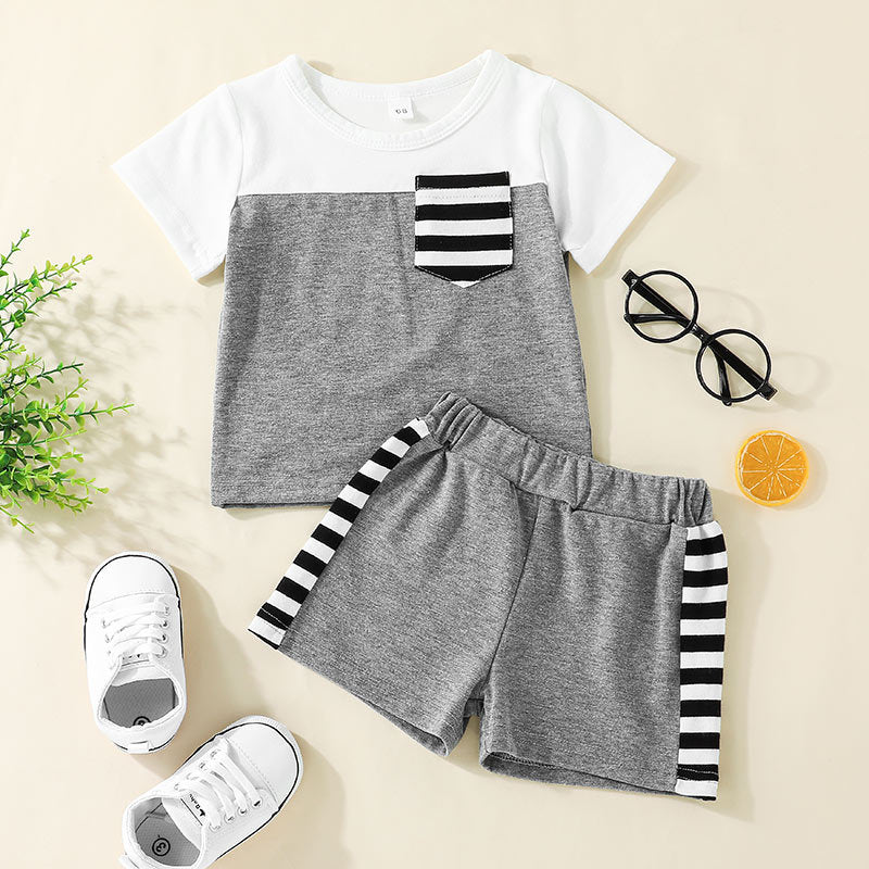 Toddler Boys Stripe Print Short Sleeve T-Shirt Top Shorts Summer Set - PrettyKid