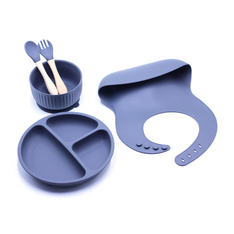 2021 New Silicone Children's Pocket Silicone Bibs & Bowl & Spoon & Fork & Plate Set - PrettyKid