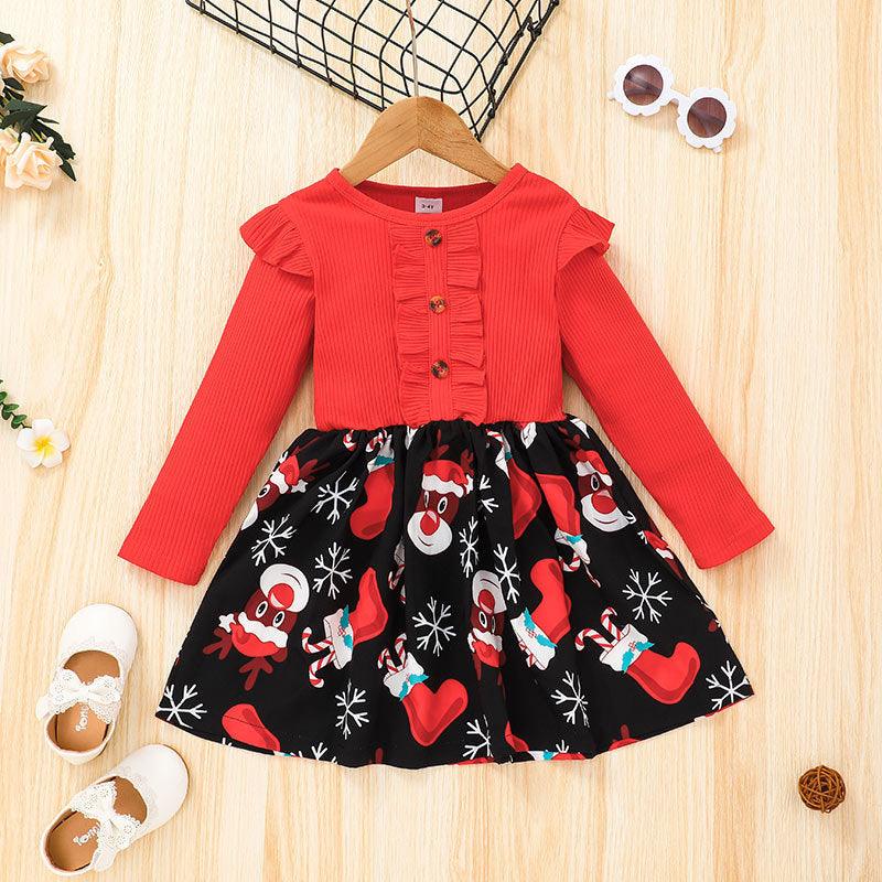 Baby Girls Long Sleeve Solid Christmas Print Dress - PrettyKid