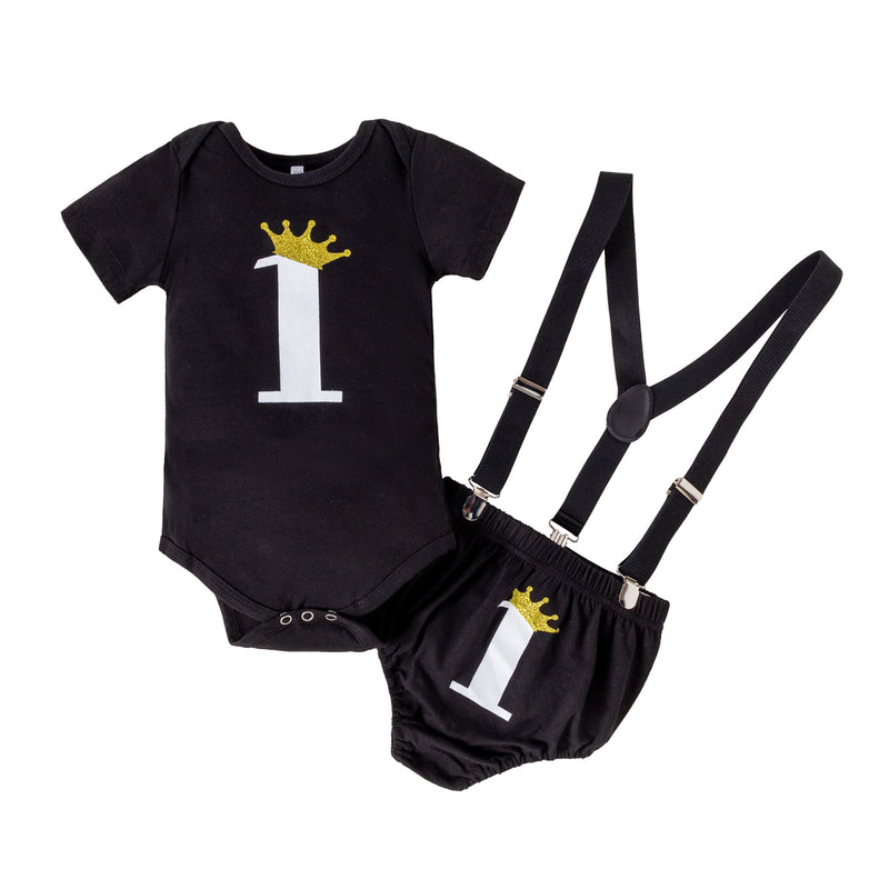 Baby Boys Solid Summer Digital Crown Print Bow Tie Short Sleeve Romper Triangle Shorts Strap Set - PrettyKid
