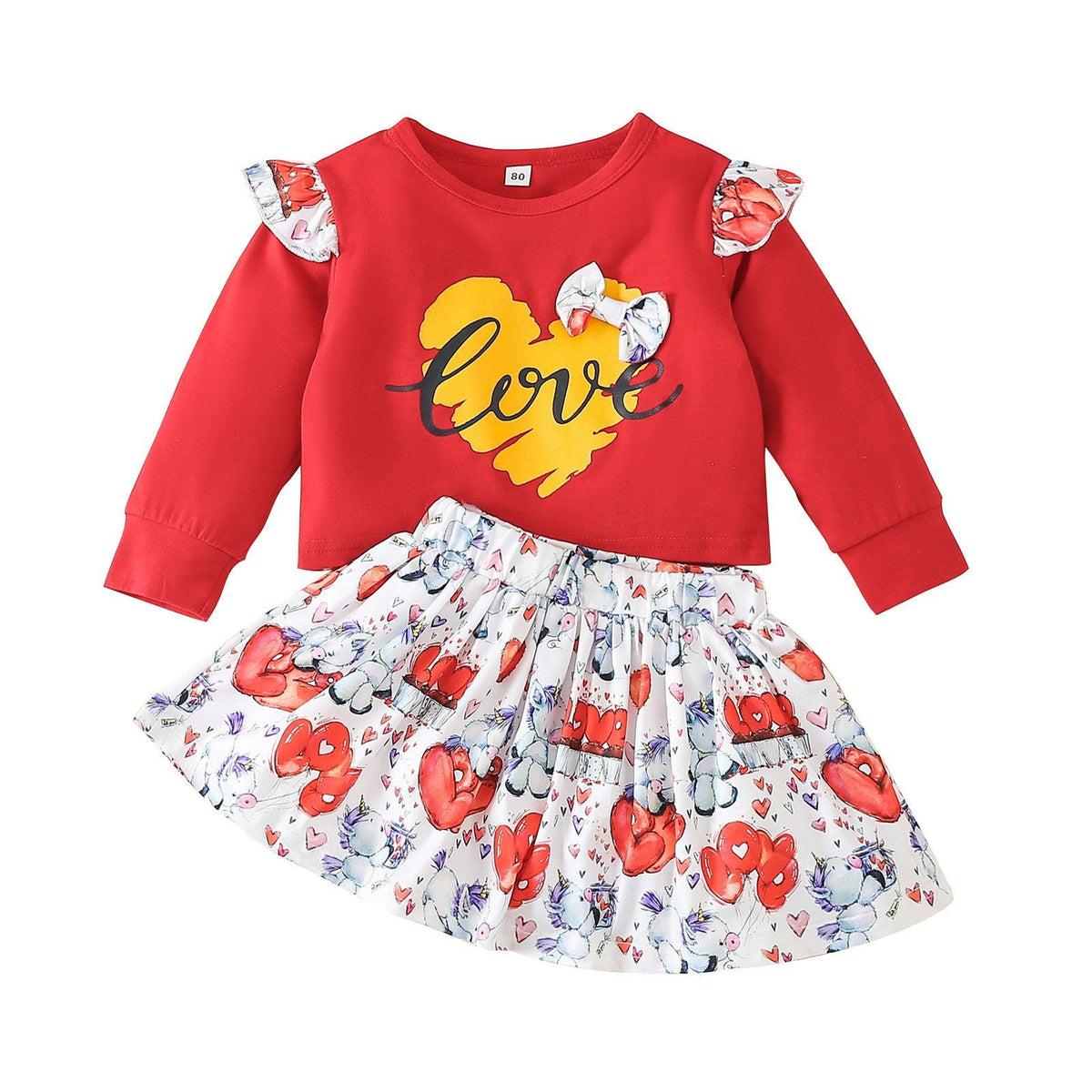 Toddler Kids Girl Solid Letter Love Print Long Sleeve T-Shirt Short Skirt Valentine's Day Set - PrettyKid