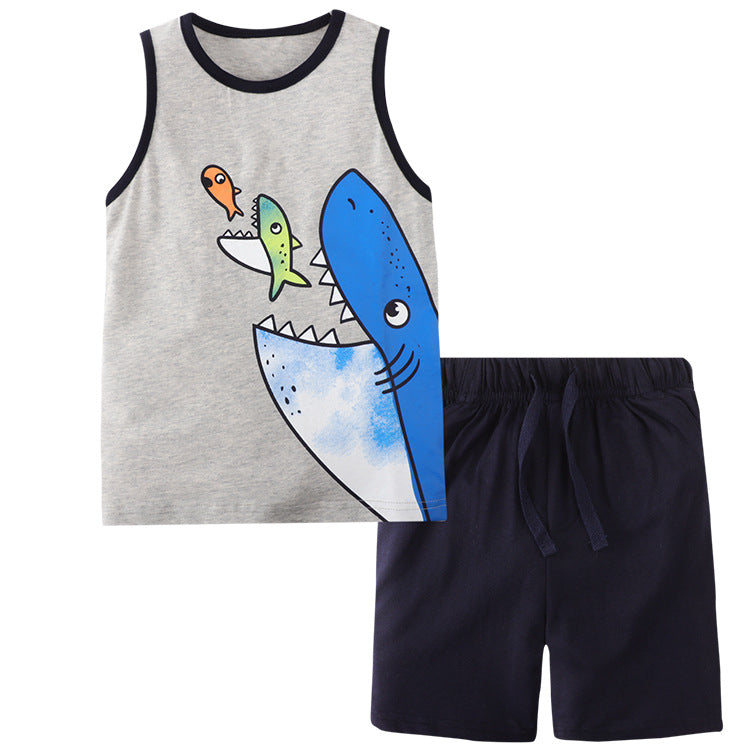 Toddler Kids Boys Solid Color Cartoon Dinosaur Print Vest Shorts Summer Suit - PrettyKid