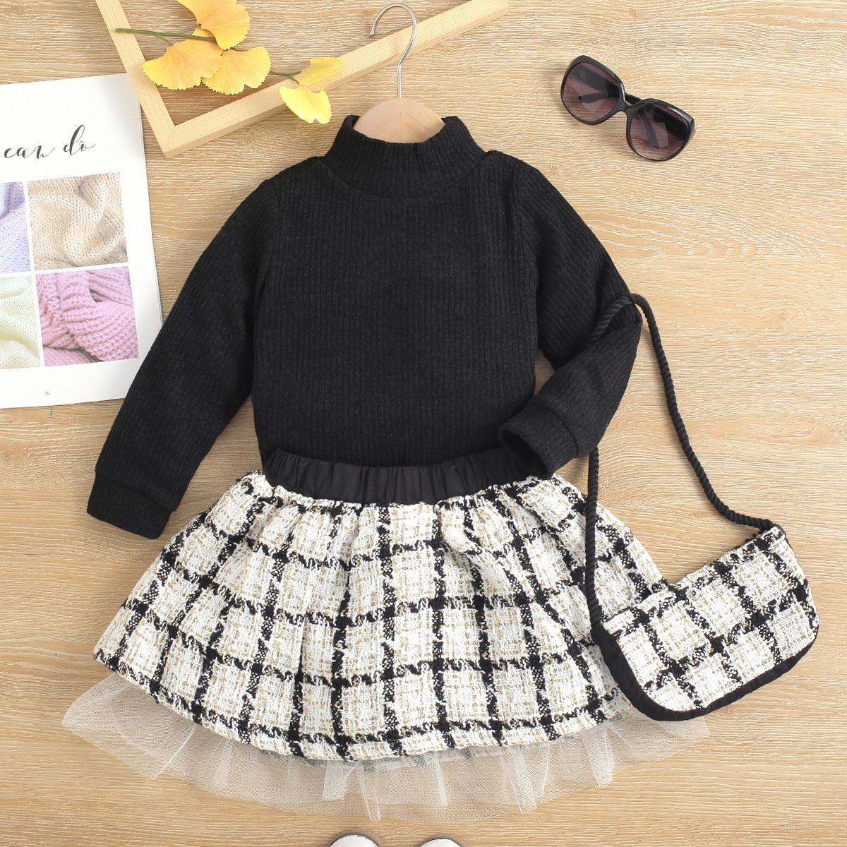 Toddler Kids Girls' Solid Color Long Sleeve Knitted Sweater Plaid Printed Mesh Skirt Bag Three Piece Set - PrettyKid