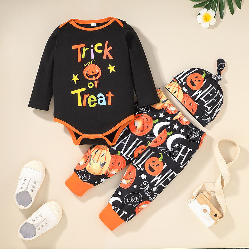 Baby Girls Halloween Alphabet Cartoon Printed Long Sleeve T-shirt Pants Hat Three Piece Set Trendy Baby Clothes Wholesale - PrettyKid