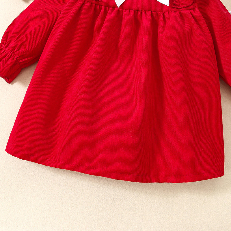 Toddler Girl Solid Ruffle Bow Long Sleeve Dress - PrettyKid