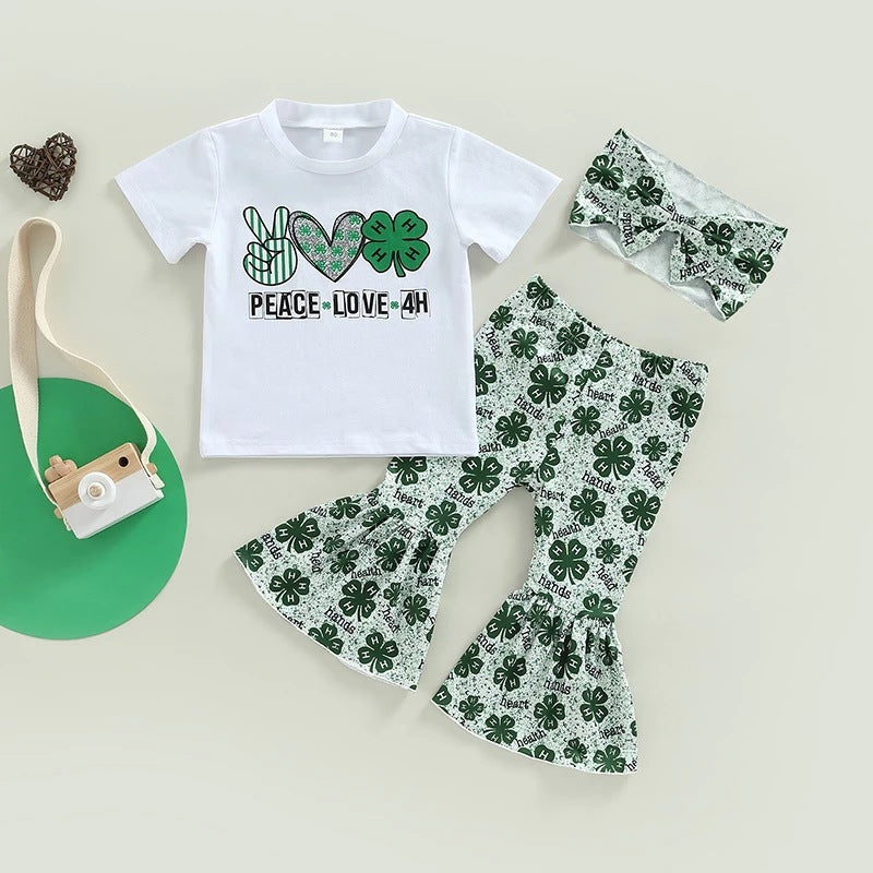 St. Patrick's Day Children's Set 0-4 Year Old Girls' Four Leaf Grass Short Sleeve T-shirt High Waist Flare Pants 3 Pieces - PrettyKid