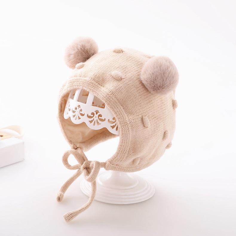 Baby Boys Girls Solid Color Cartoon Fur Ball Cotton Ear Protection Woolen Hat - PrettyKid