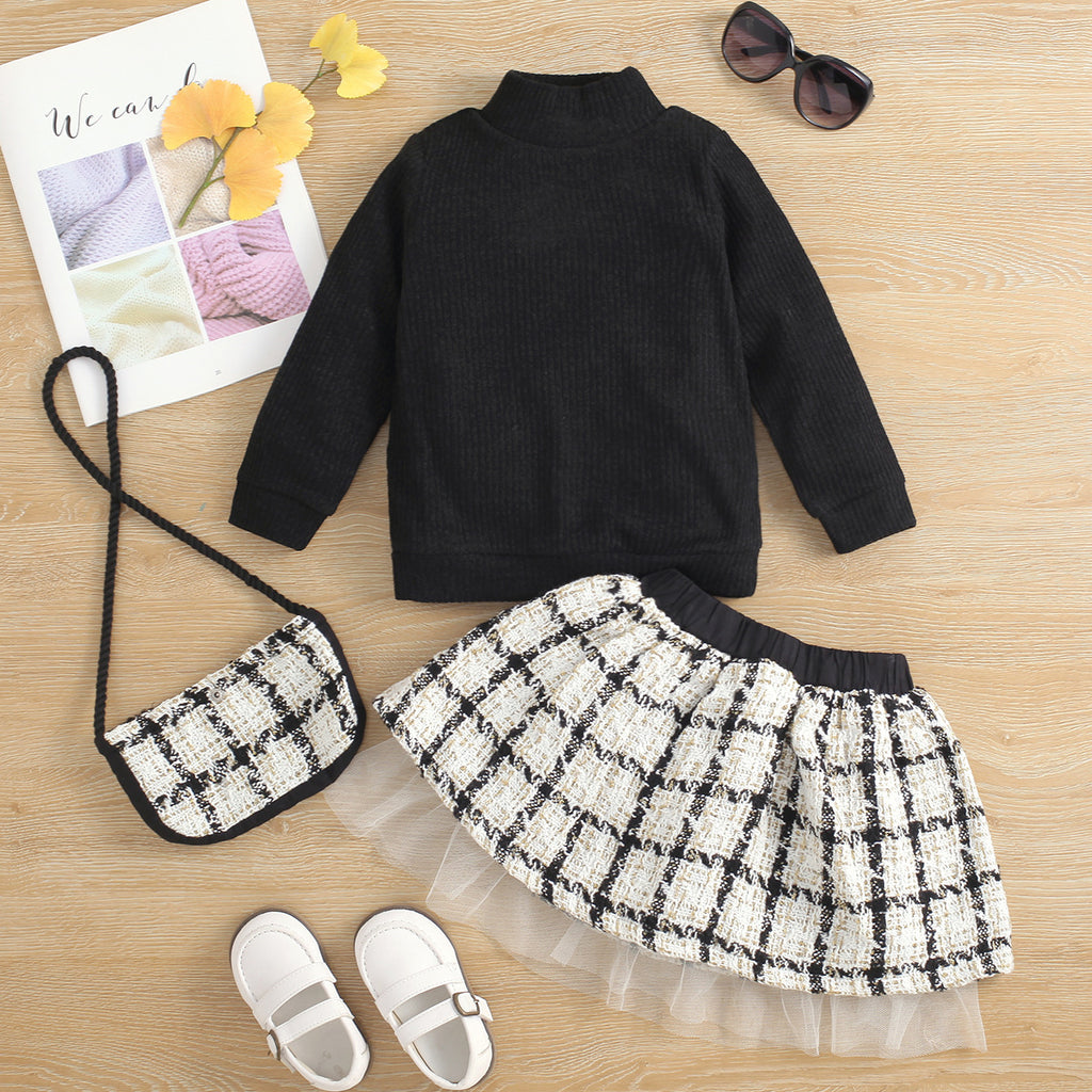 Toddler Kids Girls' Solid Color Long Sleeve Knitted Sweater Plaid Printed Mesh Skirt Bag Three Piece Set - PrettyKid