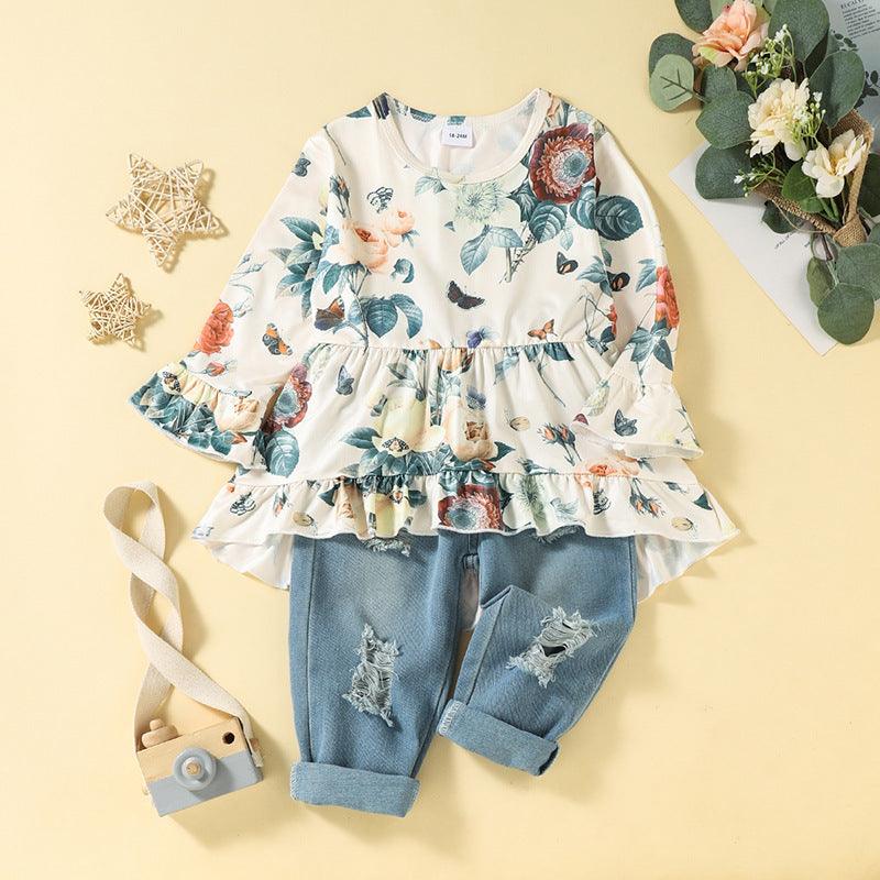 Toddler Kids Girls' Floral Print Long Sleeved Tops Torn Denim Pants Set - PrettyKid