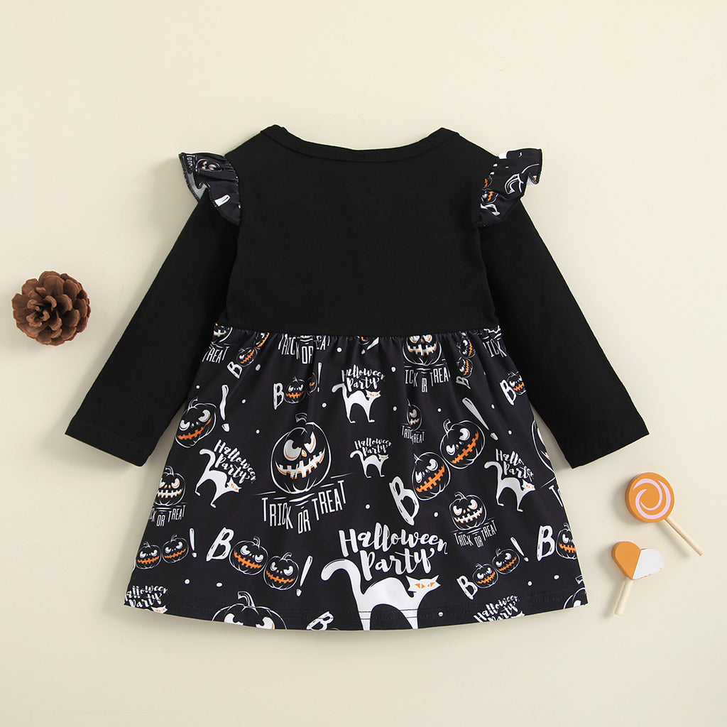 Baby Girls Halloween Pumpkin Print Long Sleeve Dress - PrettyKid