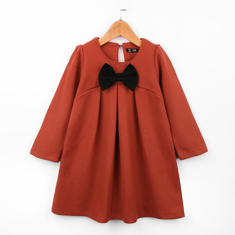 Toddler Kids Girls' Solid Color Bow Long Sleeved Dress - PrettyKid