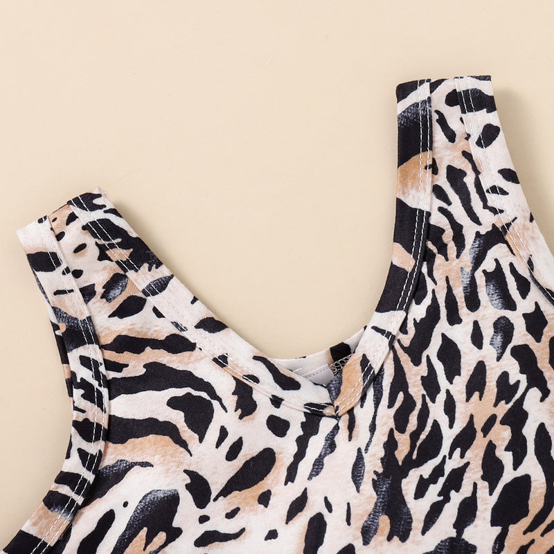 Toddler Kids Leopard Print Vest Top Black Pleated Skirt Set - PrettyKid