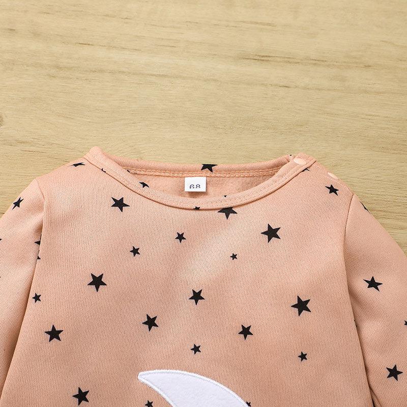 Baby Girls Solid Color Lovely Moon Star Print Long Sleeve Jumpsuit - PrettyKid