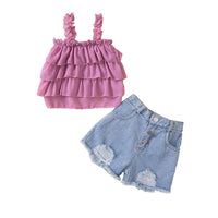 Summer New Children's Loose Top with Suspender+two Pieces of Torn Denim Shorts - PrettyKid