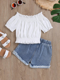 Slotted Collar Hole Flower Denim Short Girls Suit