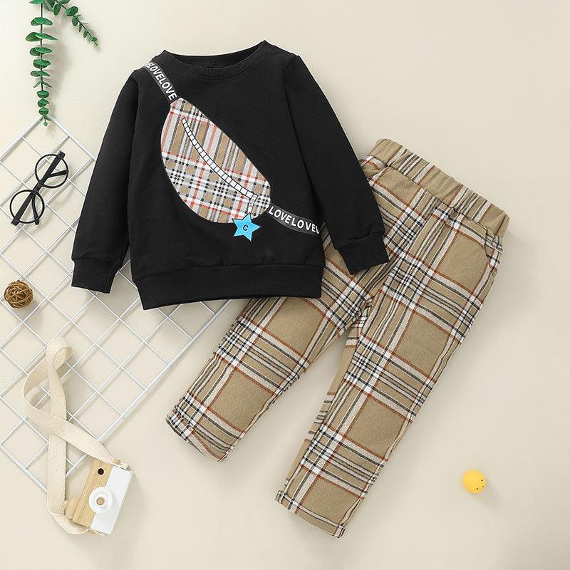 Toddler Kids Boys' Solid Color Long Sleeve Cartoon Printed Plaid Pants Set - PrettyKid