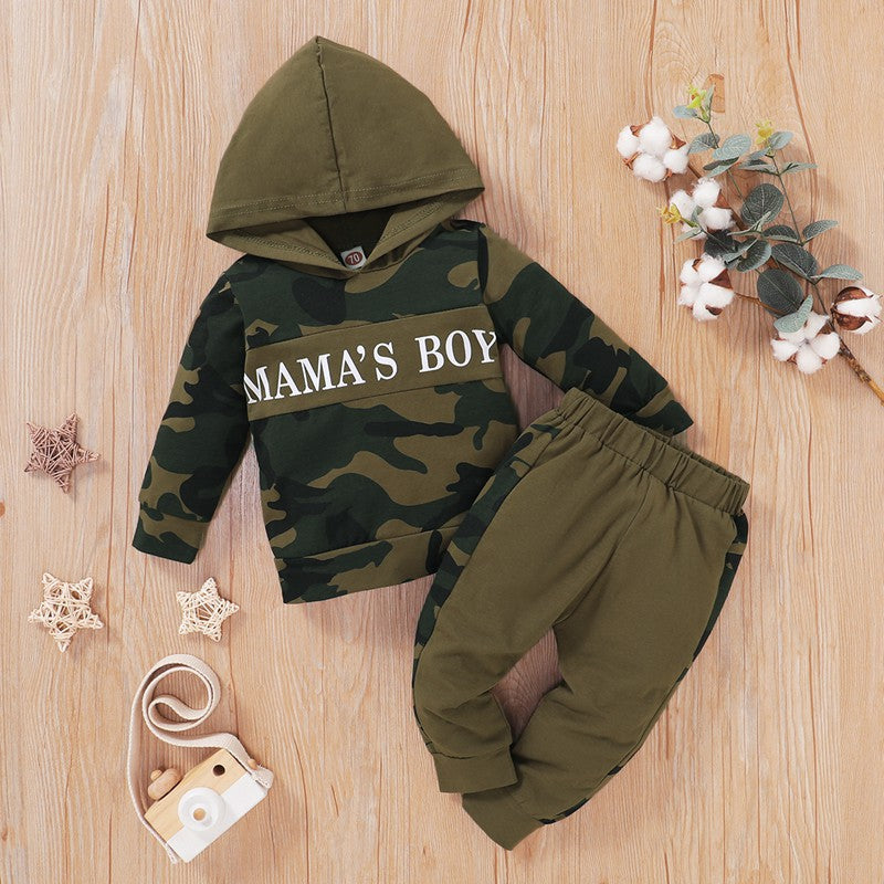 Toddler Boys Letter Camouflage Print Long Sleeve Hooded Top Pants Set - PrettyKid