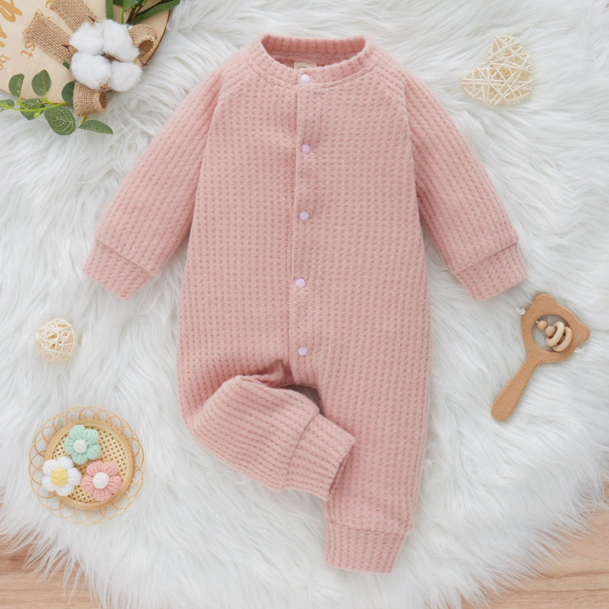 Baby Boys Girls Solid Color Waffle Fleece Warm Long-sleeved Jumpsuit - PrettyKid