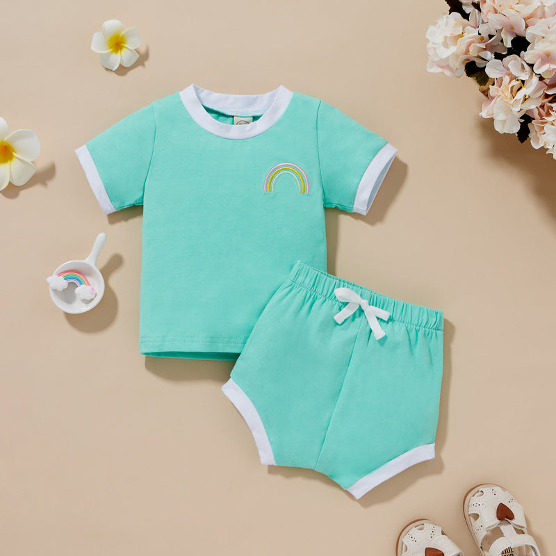 Baby Girls Boys Solid Color Rainbow Embroidery Short Sleeved Shirt Shorts Set - PrettyKid