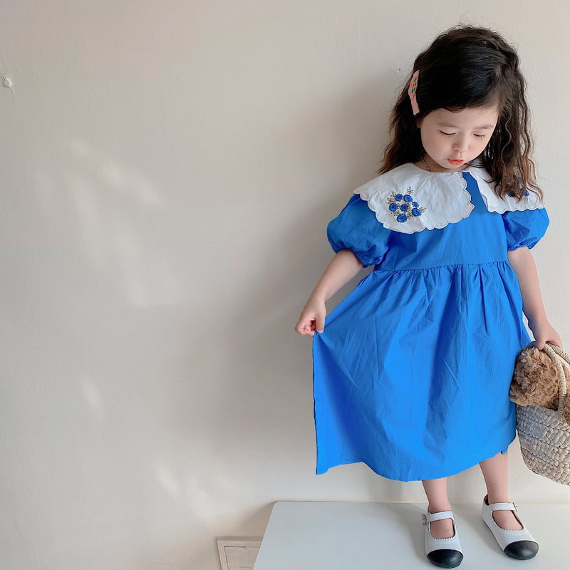 Korean Version of Children's Clothing Girls Embroidered Flowers Large Lapel Short-sleeved Dress 2022 Spring and Summer New Children's Princess Dress Tide - PrettyKid