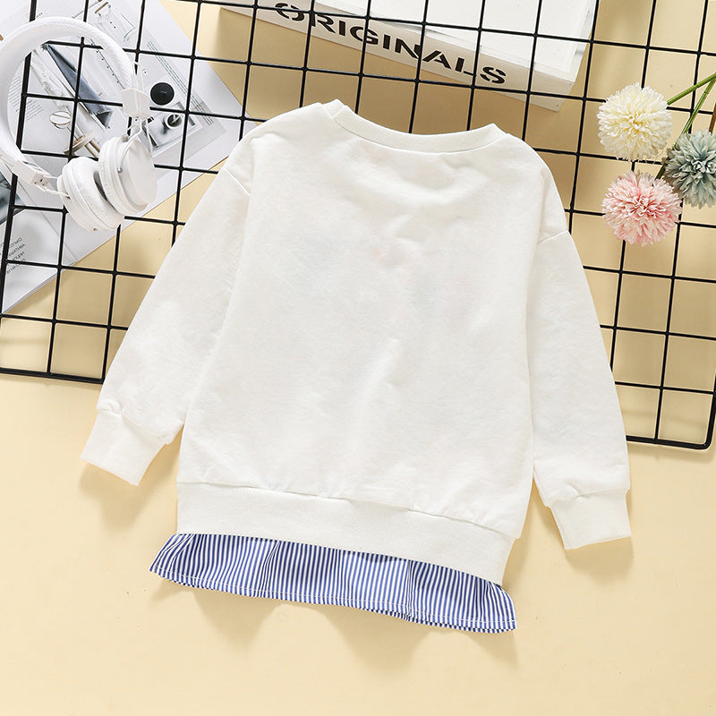 Toddler Kids Girls' Long-sleeved Solid Color Cartoon Print Stripes Splicing Round Neck Sweater - PrettyKid