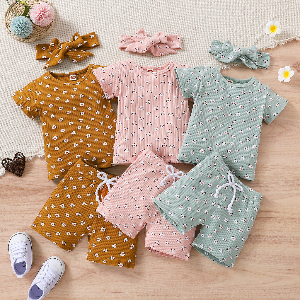 9M-4Y Baby Girl Shorts Set Printed Short Sleeve Drawstring Headband Wholesale Baby Boutique Clothing - PrettyKid