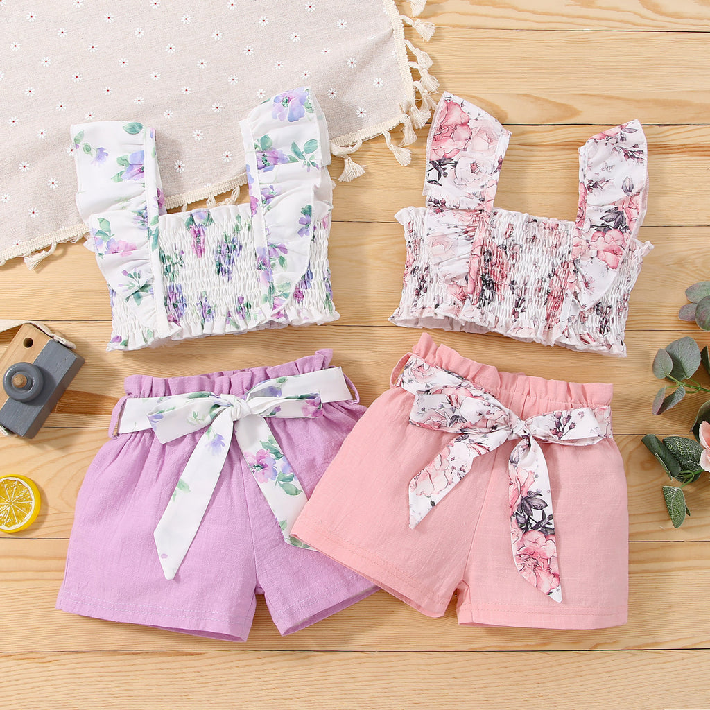 Toddler Girls Floral Print Sleeveless Camisole Top In Solid Shorts Set - PrettyKid