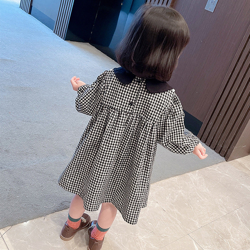 Toddler Kids Plaid Print Doll Collar Long Sleeve Dress - PrettyKid