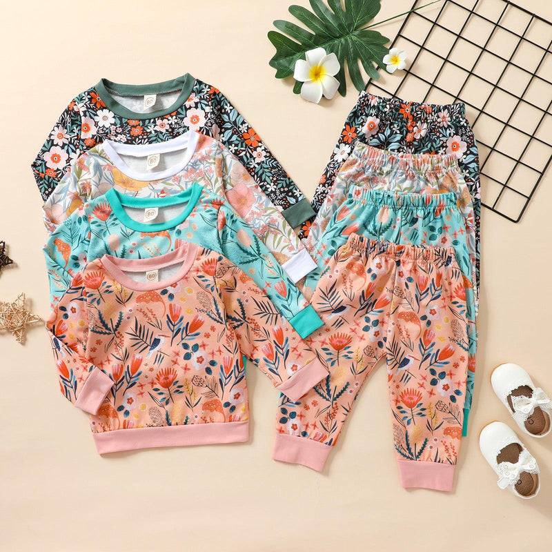 Toddler Kids Girls Floral Print Round Neck Long Sleeve Sweater Set - PrettyKid