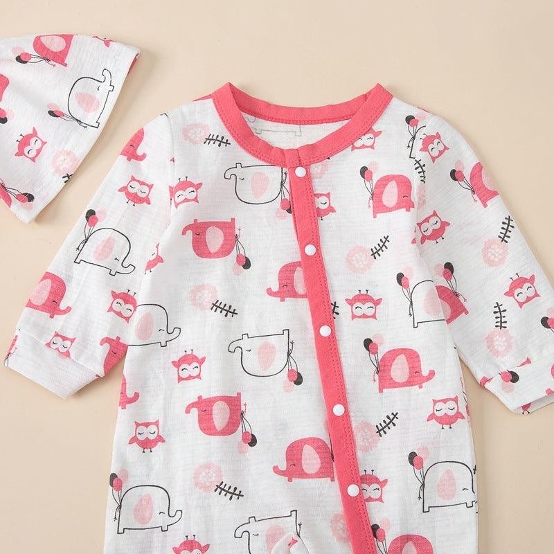 Baby Girls Cartoon Elephant Slant Placket Wrap Foot Jumpsuit Hat Two Piece Set - PrettyKid