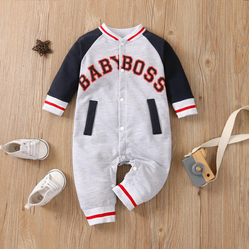 Baby Boys Long Sleeve Lettered Printed Bomber Jumpsuit - PrettyKid