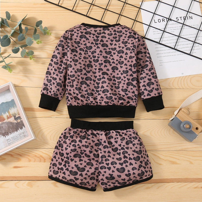 Toddler Kids Girls Cartoon Bear Print Round Neck Long Sleeve Top Shorts Leopard Print Set - PrettyKid