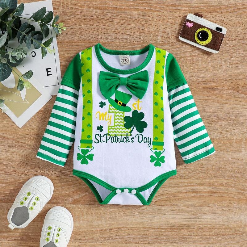 Baby Boys Striped Letter Clover Print Long Sleeve Jumpsuit Solid Pants Set - PrettyKid