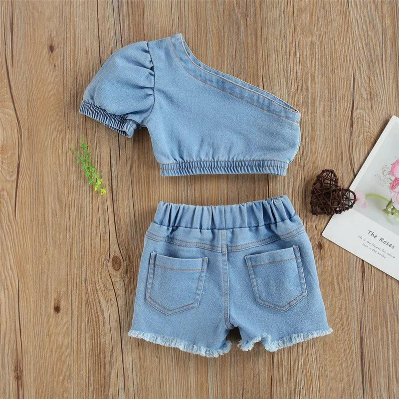 Toddler Kids Girls Diagonal Collar One Shoulder Denim Short Sleeve Suit - PrettyKid