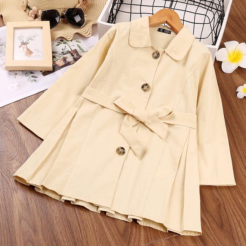 Toddler Kids Girls Solid Color Lapel Pleated Single-breasted Long Sleeved Windbreaker Belt Set - PrettyKid