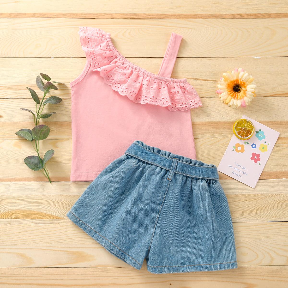 Summer Girls Set Solid Color Single Shoulder Strap Sleeveless Lace Tops Denim Shorts Two-piece - PrettyKid