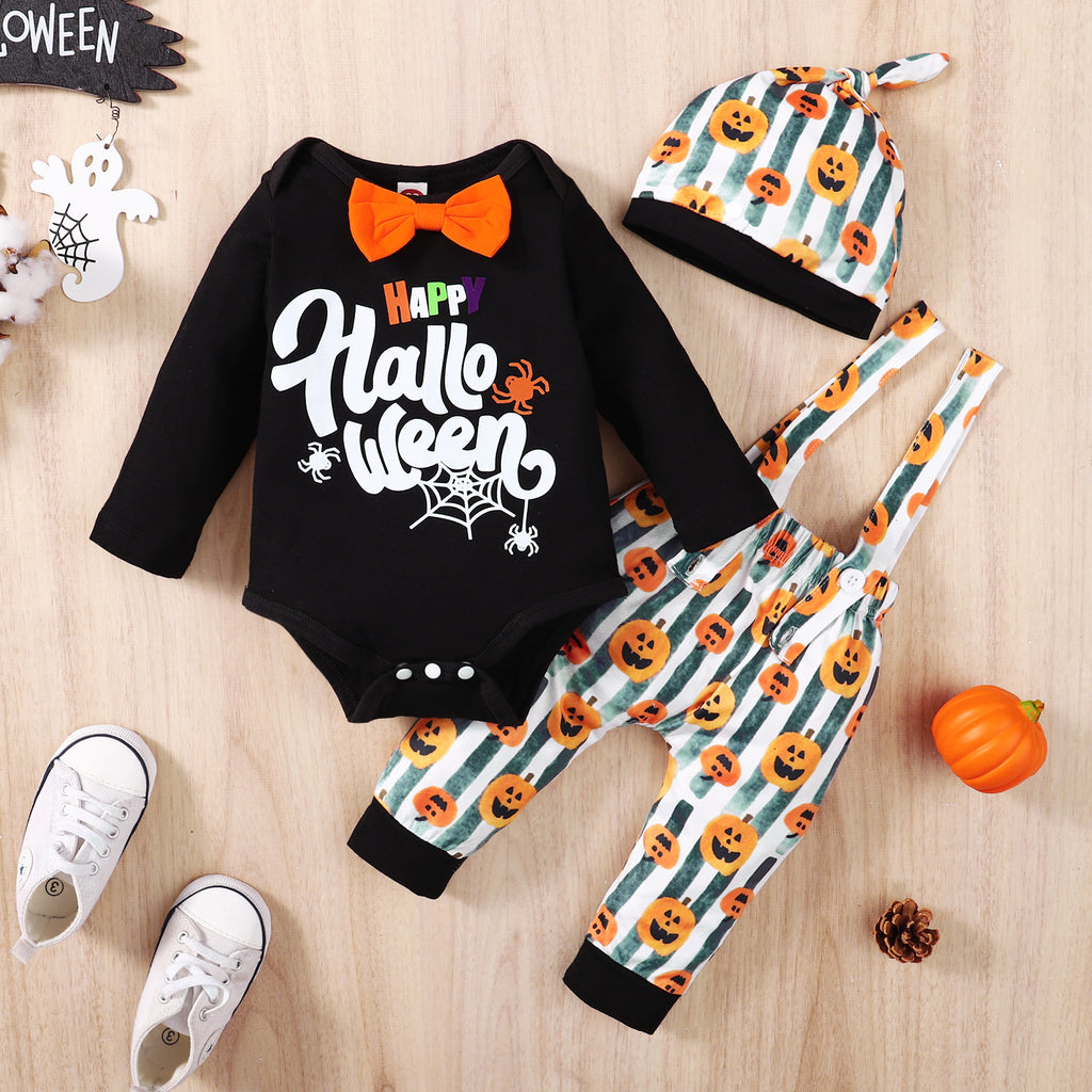 2022 Baby Boys Solid Color Letter Printed Long Sleeve Jumpsuit Pants Halloween Suit - PrettyKid