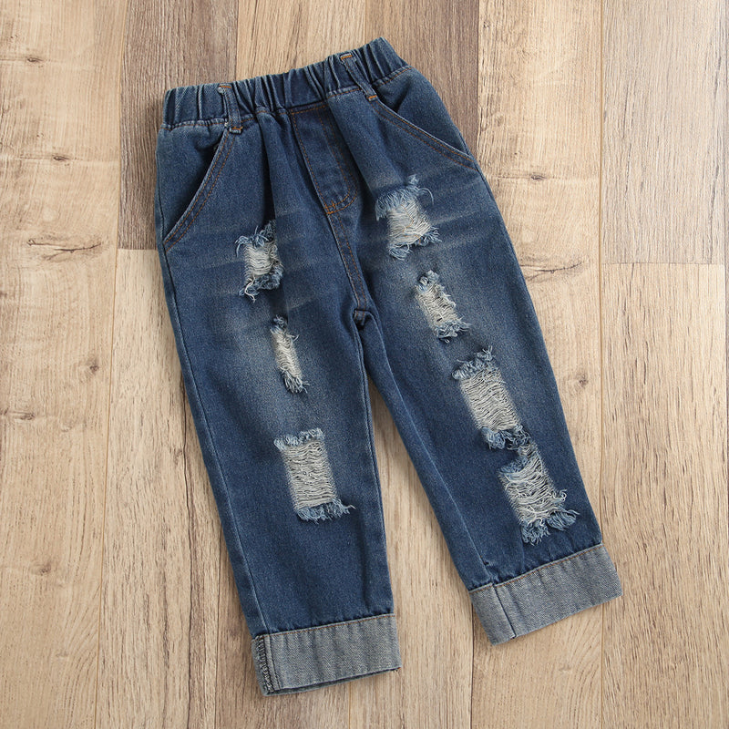 Toddler Kids Girls Long Sleeve Printed Hoodie with Holes Jeans Pants Set - PrettyKid